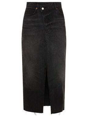 Reformation High-Waist Black Denim Midi Skirt with Front Slit